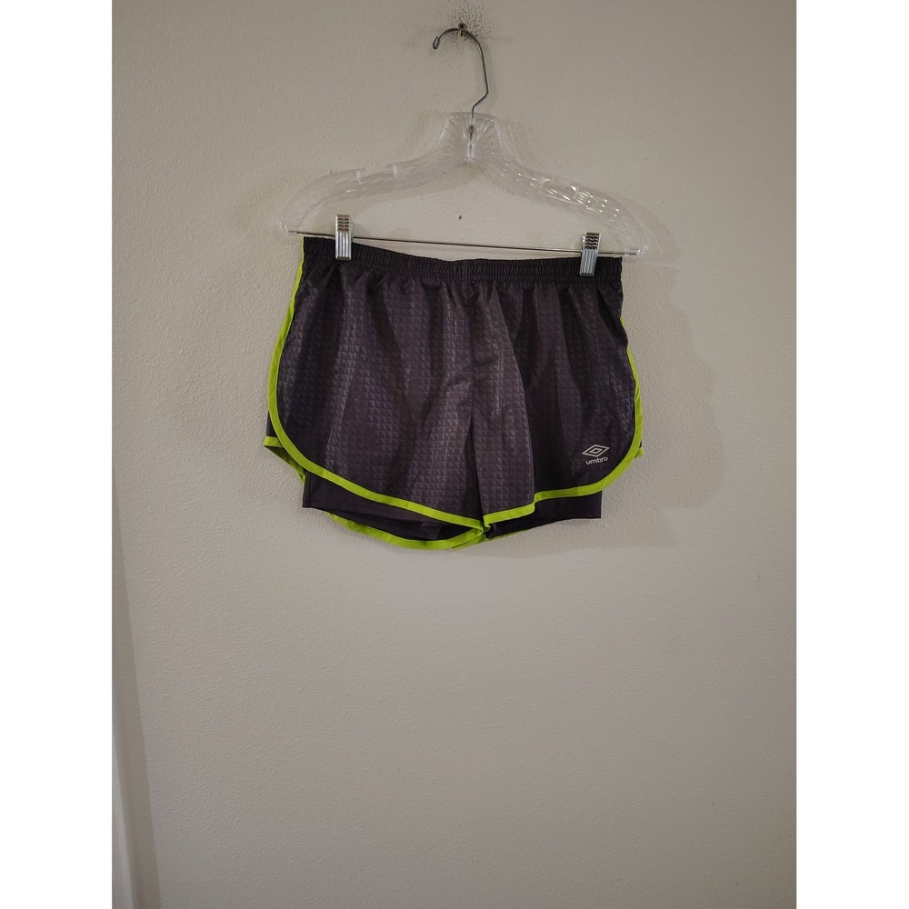 Umbro Mens Running Shorts Medium Grey Neon Green Geometric 2-in-1 Athletic